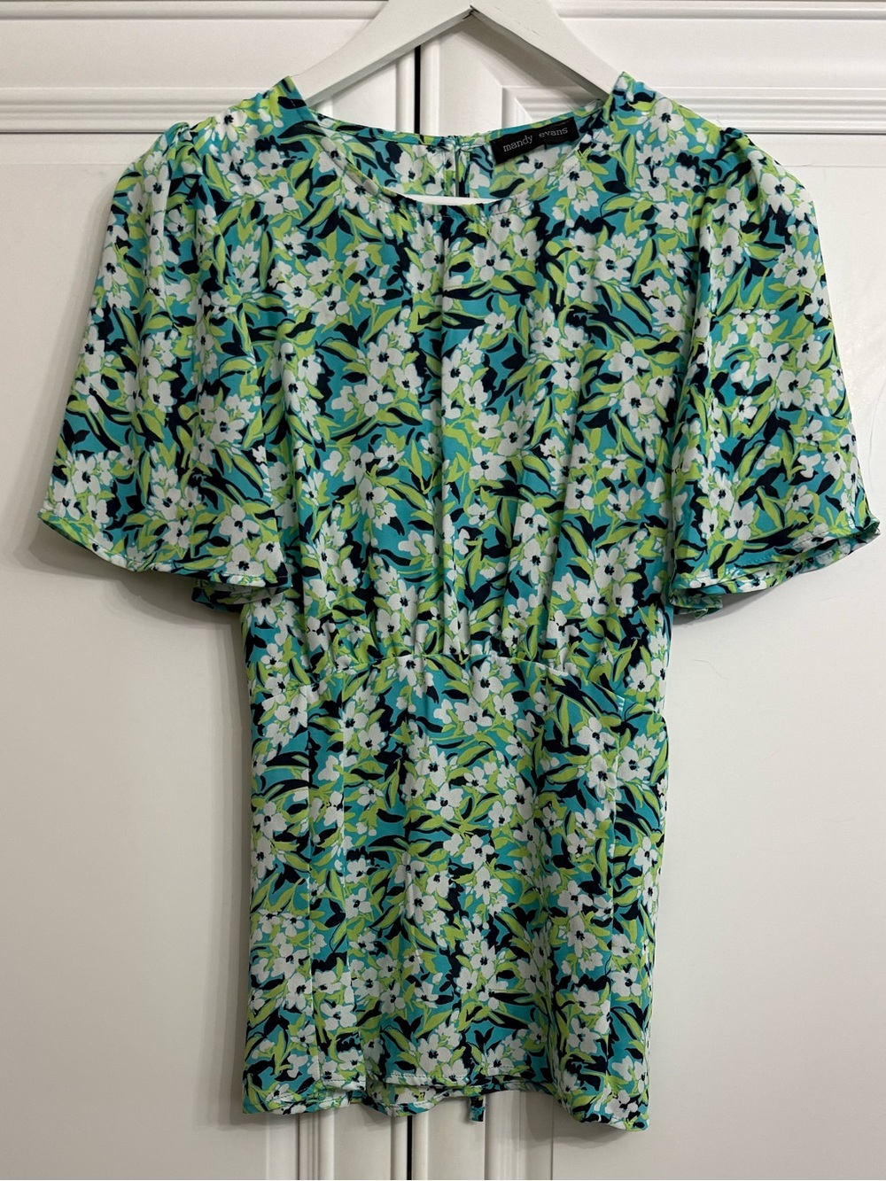 Mandy Evans Green and Blue Floral-Print Flutter Sleeve Blouse w/Back Tie Size S